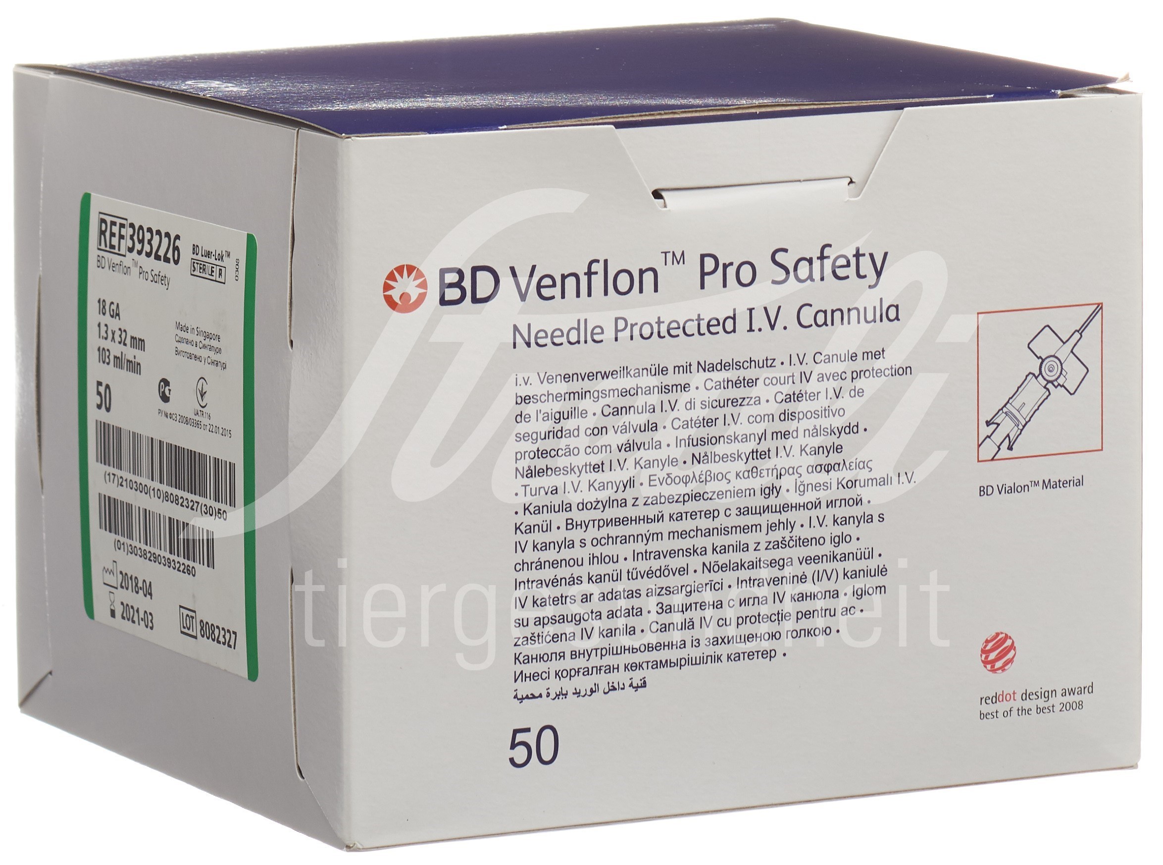BD Venflon Pro Safety Sicherheitsvenenverweilkatheter mit Zuspritzventil 18G 1.3x32mm grün 50 Stk