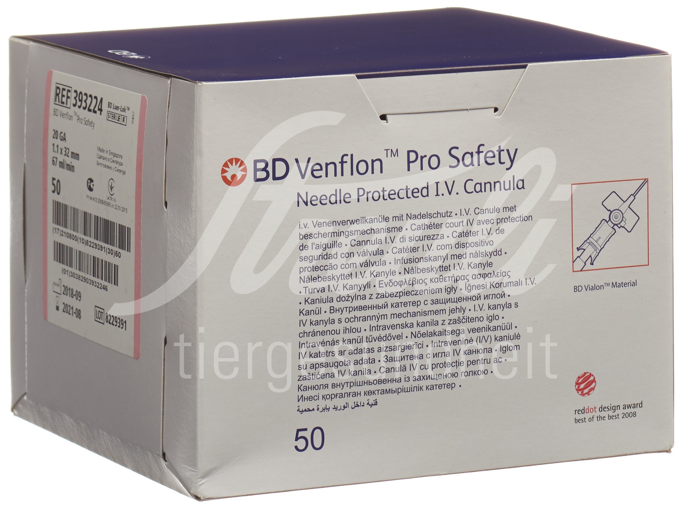 BD Venflon Pro Safety Sicherheitsvenenverweilkatheter mit Zuspritzventil 20G 1.1x32mm rosa 50 Stk