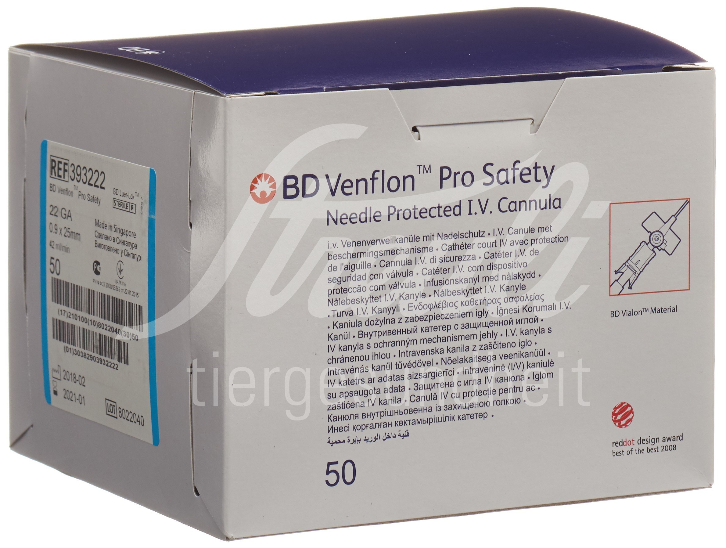 BD Venflon Pro Safety Sicherheitsvenenverweilkatheter mit Zuspritzventil 22G 0.9x25mm blau 50 Stk