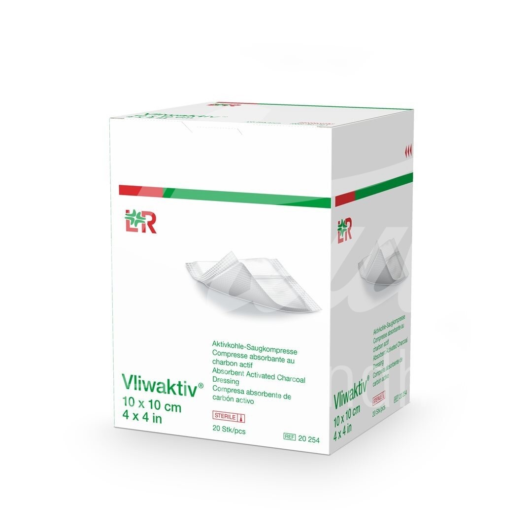 Vliwaktiv Aktivkohle Saugkompresse 10x10cm steril 20 Stk