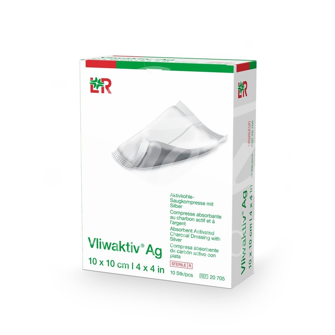 Vliwaktiv Ag Aktivkohle Verband 10x20cm steril 10 Stk